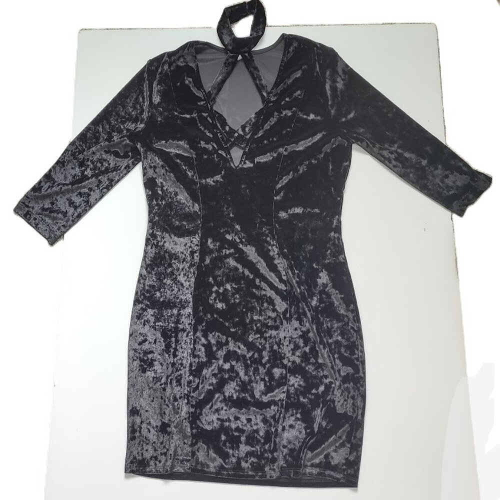 Vintage K+Glam 90s Y2K Black Crushed Velvet Goth Dress 1X - Picture 10 of 13